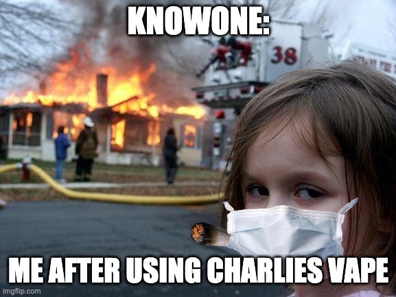 Disaster Girl | KNOWONE:; ME AFTER USING CHARLIES VAPE | image tagged in memes,disaster girl | made w/ Imgflip meme maker