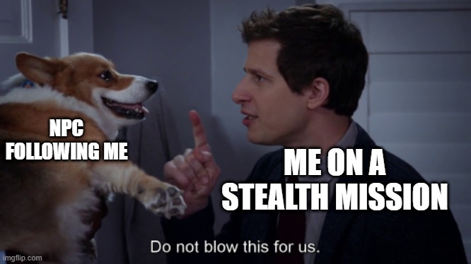 Stealth missions be like | ME ON A STEALTH MISSION; NPC FOLLOWING ME | image tagged in memes | made w/ Imgflip meme maker