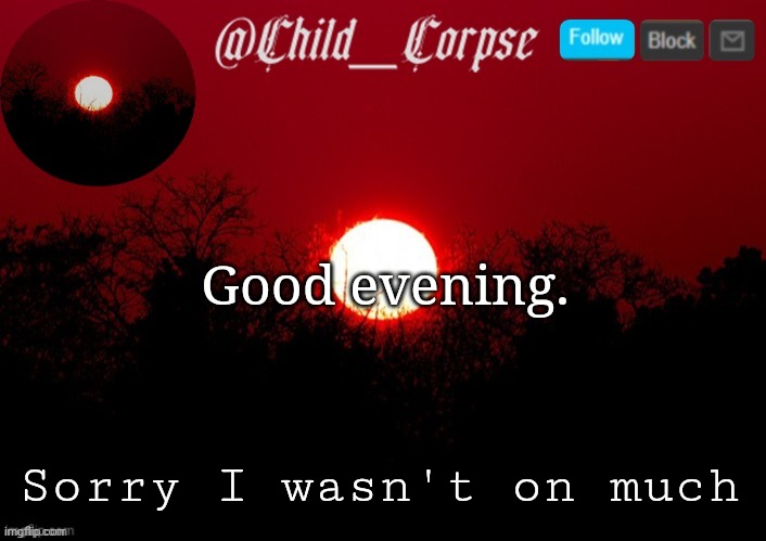 Today* | Good evening. Sorry I wasn't on much | image tagged in child_corpse announcement template | made w/ Imgflip meme maker