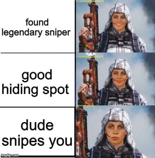 Outrider's Reaction | found legendary sniper; good hiding spot; dude snipes you | image tagged in outrider's reaction | made w/ Imgflip meme maker