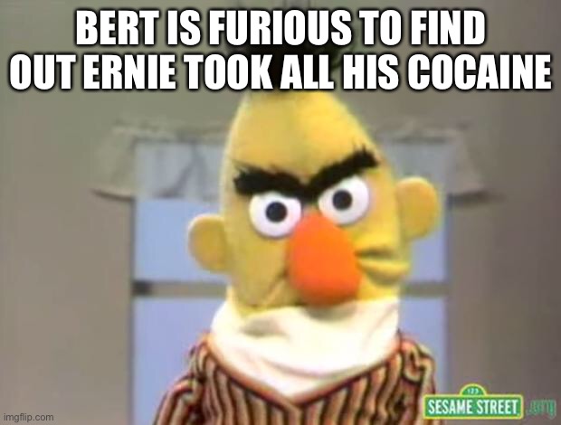 Hold up | BERT IS FURIOUS TO FIND OUT ERNIE TOOK ALL HIS COCAINE | image tagged in sesame street - angry bert | made w/ Imgflip meme maker