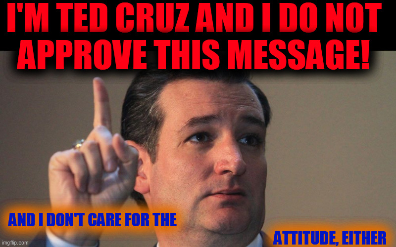 Ted Cruz | I'M TED CRUZ AND I DO NOT
APPROVE THIS MESSAGE! AND I DON'T CARE FOR THE                                                                     | image tagged in ted cruz | made w/ Imgflip meme maker