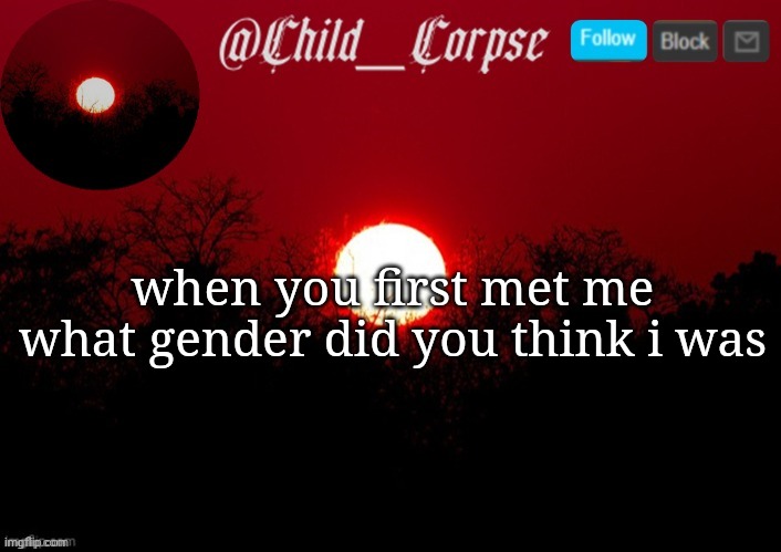 Child_Corpse announcement template | when you first met me what gender did you think i was | image tagged in child_corpse announcement template | made w/ Imgflip meme maker