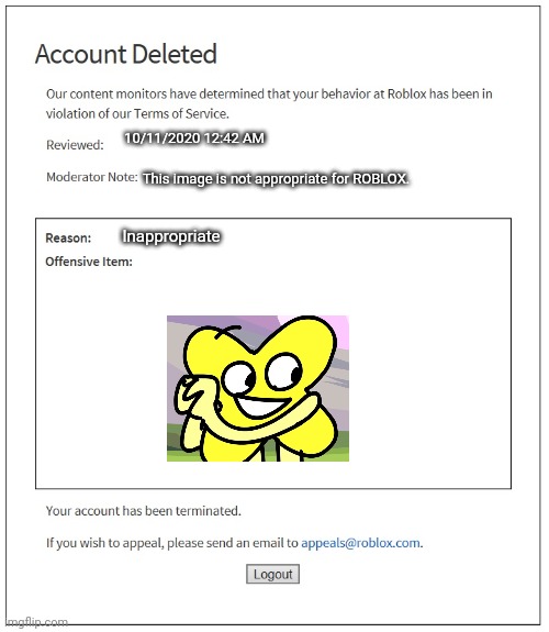 Bfb X Roblox Account Deleted Meme Imgflip - roblox account deleted generator