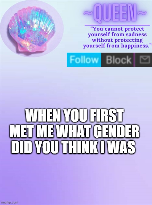 E | WHEN YOU FIRST MET ME WHAT GENDER DID YOU THINK I WAS | image tagged in queen | made w/ Imgflip meme maker