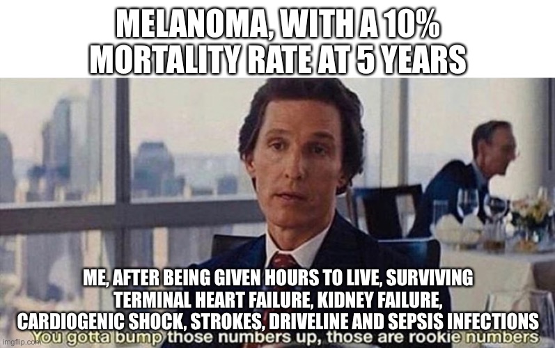 Survive terminal illness | MELANOMA, WITH A 10% MORTALITY RATE AT 5 YEARS; ME, AFTER BEING GIVEN HOURS TO LIVE, SURVIVING TERMINAL HEART FAILURE, KIDNEY FAILURE, CARDIOGENIC SHOCK, STROKES, DRIVELINE AND SEPSIS INFECTIONS | image tagged in you gotta bump those numbers up those are rookie numbers,cancer,cancerous,heart,terminal,shock | made w/ Imgflip meme maker