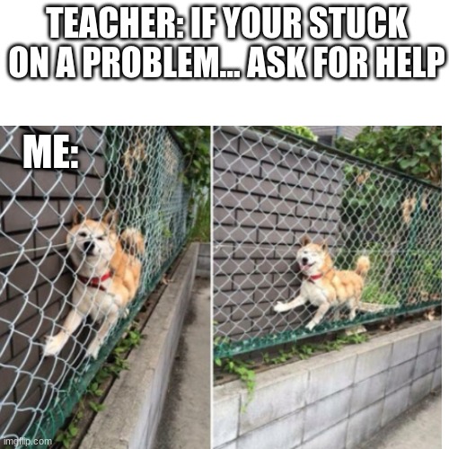 Teacher help | TEACHER: IF YOUR STUCK ON A PROBLEM... ASK FOR HELP; ME: | image tagged in stuck | made w/ Imgflip meme maker