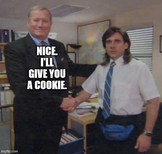 the office congratulations | NICE. I'LL GIVE YOU A COOKIE. | image tagged in the office congratulations | made w/ Imgflip meme maker