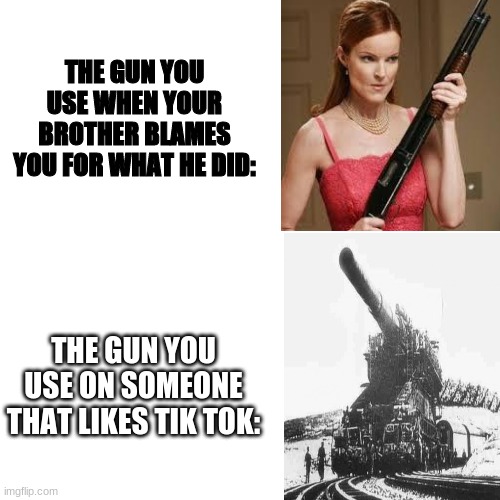 Blank Transparent Square | THE GUN YOU USE WHEN YOUR BROTHER BLAMES YOU FOR WHAT HE DID:; THE GUN YOU USE ON SOMEONE THAT LIKES TIK TOK: | image tagged in memes,blank transparent square,gun,big gun,tiktok,not funy | made w/ Imgflip meme maker