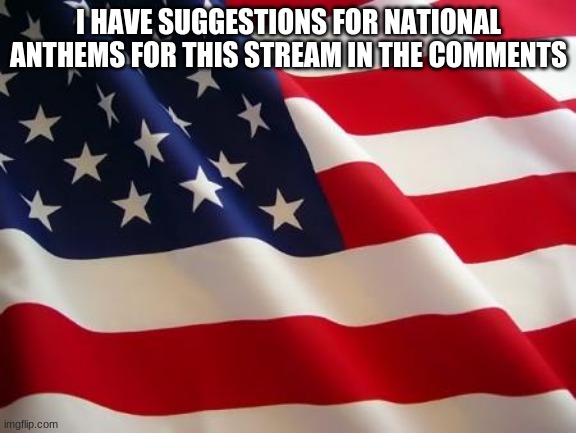 American flag | I HAVE SUGGESTIONS FOR NATIONAL ANTHEMS FOR THIS STREAM IN THE COMMENTS | image tagged in american flag | made w/ Imgflip meme maker