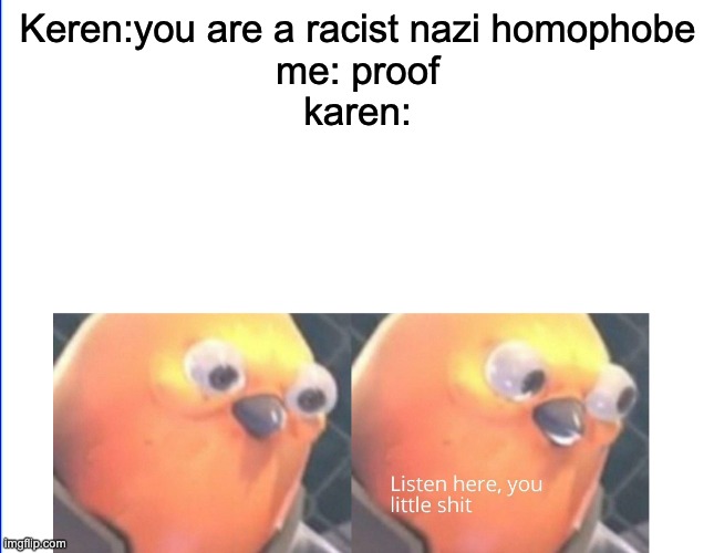 when i ask for proof they say im a gamer or the bible says so | Keren:you are a racist nazi homophobe
me: proof
karen: | image tagged in listen here you little shit,reddit,gamer | made w/ Imgflip meme maker