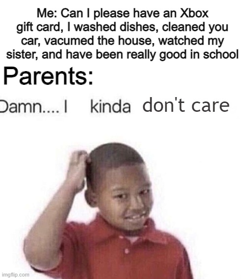 Pleeeeeeese mom?? | Me: Can I please have an Xbox gift card, I washed dishes, cleaned you car, vacumed the house, watched my sister, and have been really good in school; Parents:; don't care | image tagged in damn i kinda don t meme,parents,bruh,xbox,chores | made w/ Imgflip meme maker