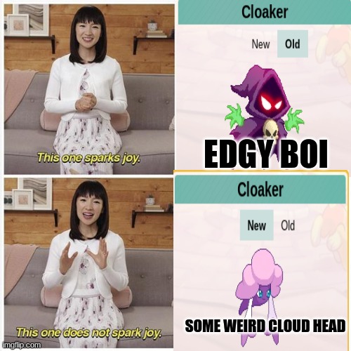 I hate the new prodigy remodols. I disowned all the ugly ones. | EDGY BOI; SOME WEIRD CLOUD HEAD | image tagged in marie kondo spark joy,prodigy | made w/ Imgflip meme maker