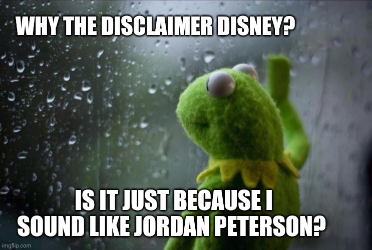 Muppet's disclaimer | WHY THE DISCLAIMER DISNEY? IS IT JUST BECAUSE I SOUND LIKE JORDAN PETERSON? | image tagged in sad kermit | made w/ Imgflip meme maker