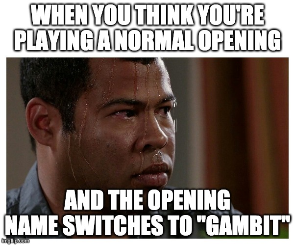 Jordan Peele Sweating | WHEN YOU THINK YOU'RE PLAYING A NORMAL OPENING; AND THE OPENING NAME SWITCHES TO "GAMBIT" | image tagged in jordan peele sweating,AnarchyChess | made w/ Imgflip meme maker