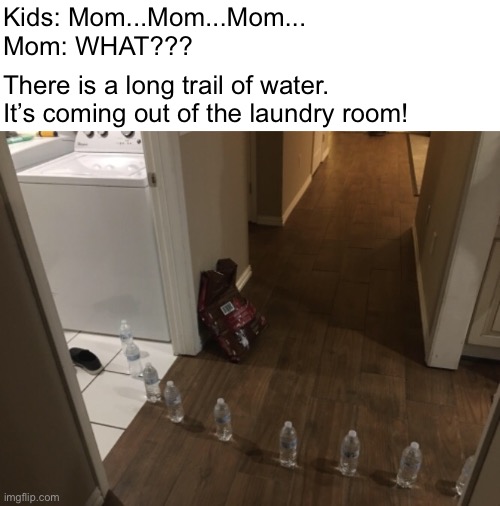 Little Pranksters | Kids: Mom...Mom...Mom...
Mom: WHAT??? There is a long trail of water. It’s coming out of the laundry room! | image tagged in funny memes,kids | made w/ Imgflip meme maker