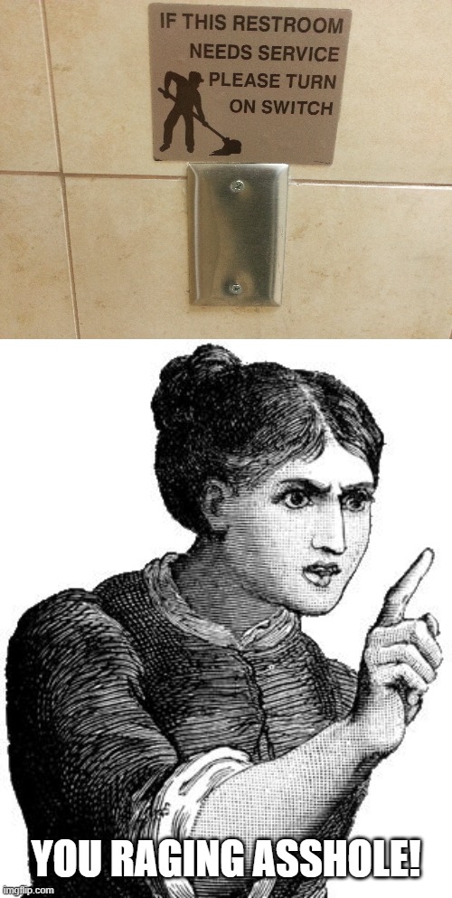 Betrayal. | YOU RAGING ASSHOLE! | image tagged in scoldingg,restroom,service,sign,switch,turn on | made w/ Imgflip meme maker