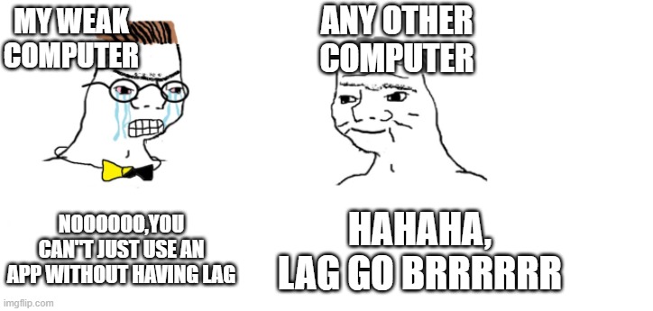 Why do i have to suffer this way? |  MY WEAK COMPUTER; ANY OTHER COMPUTER; NOOOOOO,YOU CAN"T JUST USE AN APP WITHOUT HAVING LAG; HAHAHA, LAG GO BRRRRRR | image tagged in nooo haha go brrr | made w/ Imgflip meme maker