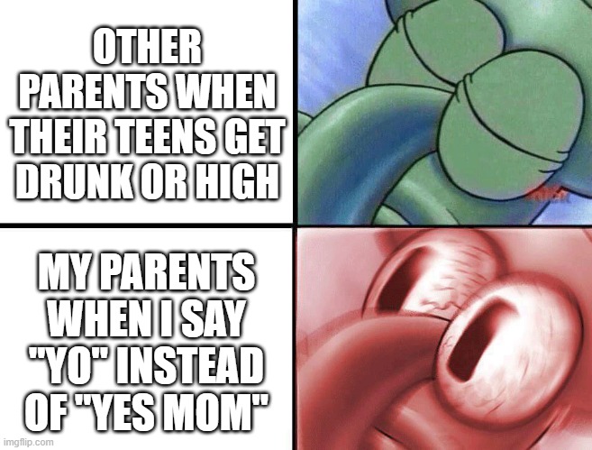 sleeping Squidward | OTHER PARENTS WHEN THEIR TEENS GET DRUNK OR HIGH; MY PARENTS WHEN I SAY "YO" INSTEAD OF "YES MOM" | image tagged in sleeping squidward | made w/ Imgflip meme maker