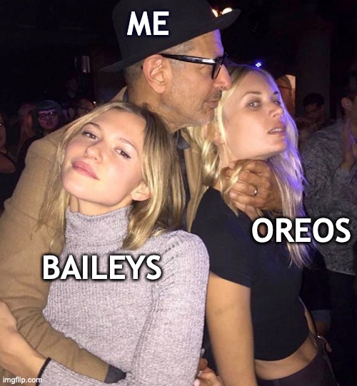 Oreos & Baileys | ME; OREOS; BAILEYS | image tagged in oreos,baileys,cookies,alcohol,oreo | made w/ Imgflip meme maker
