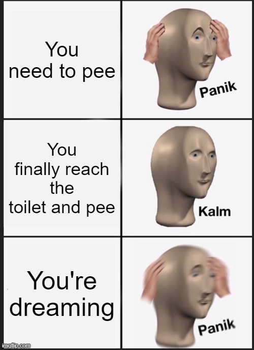 Panik Kalm Panik | You need to pee; You finally reach the toilet and pee; You're dreaming | image tagged in memes | made w/ Imgflip meme maker