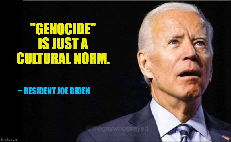 Joe Biden | "GENOCIDE" IS JUST A CULTURAL NORM. ~ RESIDENT JOE BIDEN | image tagged in joe biden | made w/ Imgflip meme maker