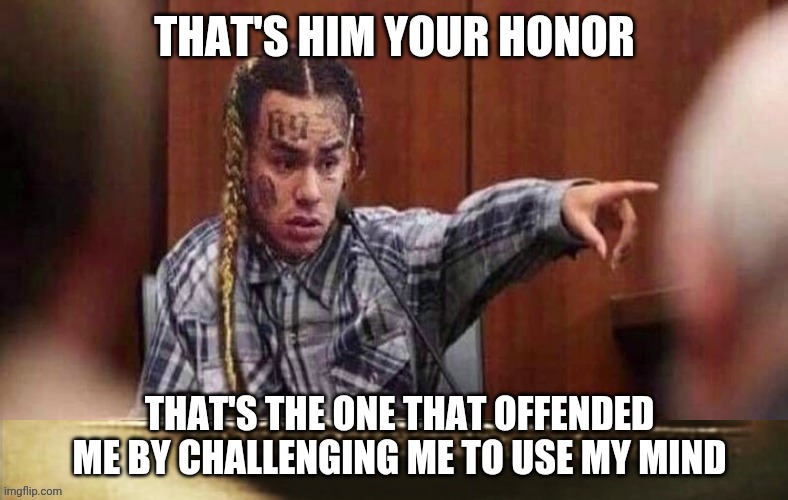 THAT'S HIM YOUR HONOR; THAT'S THE ONE THAT OFFENDED ME BY CHALLENGING ME TO USE MY MIND | image tagged in tekashi snitching,memes,funny,offended,brain dead | made w/ Imgflip meme maker