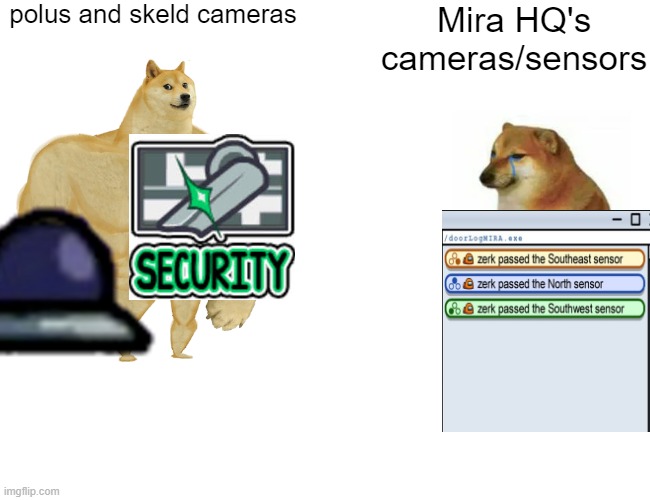 Buff Doge vs. Cheems | polus and skeld cameras; Mira HQ's cameras/sensors | image tagged in memes,buff doge vs cheems | made w/ Imgflip meme maker
