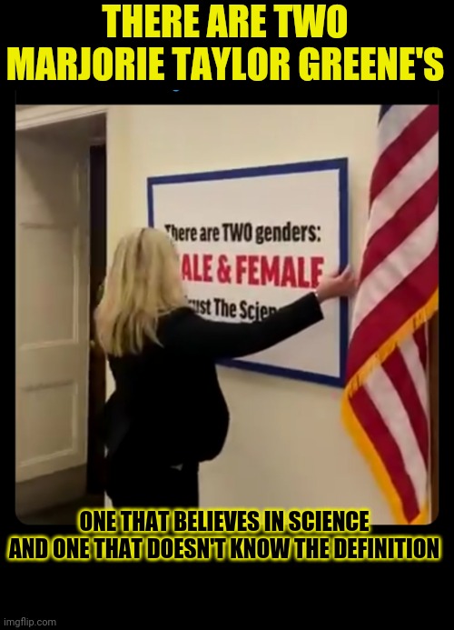There are two Marjorie Taylor Greene's | THERE ARE TWO MARJORIE TAYLOR GREENE'S; ONE THAT BELIEVES IN SCIENCE
AND ONE THAT DOESN'T KNOW THE DEFINITION | image tagged in marjorie taylor green,transphobic,science,qanon | made w/ Imgflip meme maker