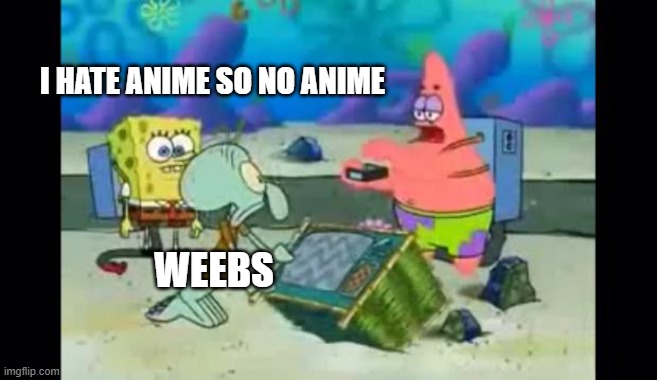 Patrick hates anime | I HATE ANIME SO NO ANIME; WEEBS | image tagged in i hate this patrick,no anime allowed,NoAnimePolice | made w/ Imgflip meme maker