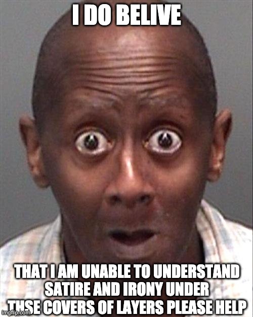 Funny black man | I DO BELIVE; THAT I AM UNABLE TO UNDERSTAND SATIRE AND IRONY UNDER THSE COVERS OF LAYERS PLEASE HELP | image tagged in funny black man | made w/ Imgflip meme maker
