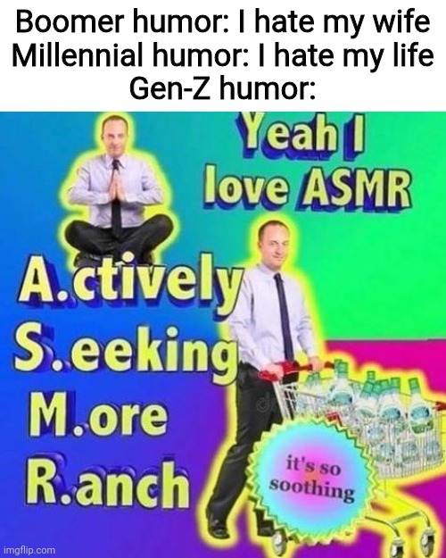Boomer humor: I hate my wife
Millennial humor: I hate my life
Gen-Z humor: | image tagged in gen z,boom | made w/ Imgflip meme maker