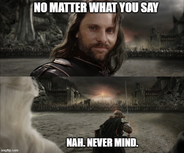 last words are important. | NO MATTER WHAT YOU SAY; NAH. NEVER MIND. | image tagged in aragorn black gate for frodo | made w/ Imgflip meme maker
