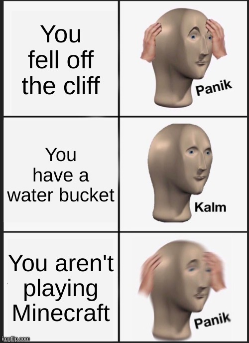 Panik Kalm Panik Meme | You fell off the cliff; You have a water bucket; You aren't playing Minecraft | image tagged in memes,panik kalm panik | made w/ Imgflip meme maker