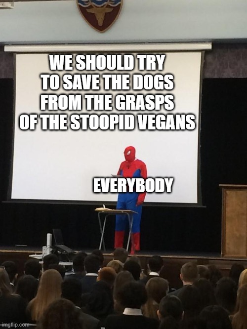 do it | WE SHOULD TRY TO SAVE THE DOGS FROM THE GRASPS OF THE STOOPID VEGANS; EVERYBODY | image tagged in spiderman presentation | made w/ Imgflip meme maker