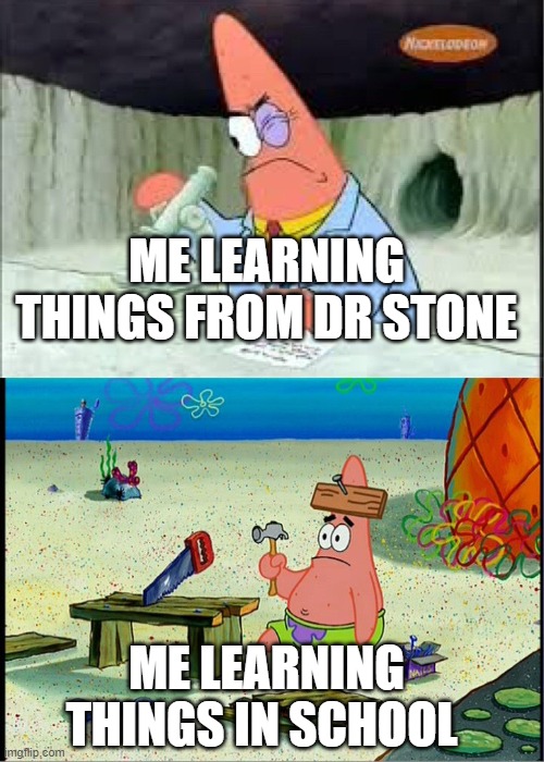 Dr Stone vs School | ME LEARNING THINGS FROM DR STONE; ME LEARNING THINGS IN SCHOOL | image tagged in patrick smart dumb,anime,manga | made w/ Imgflip meme maker