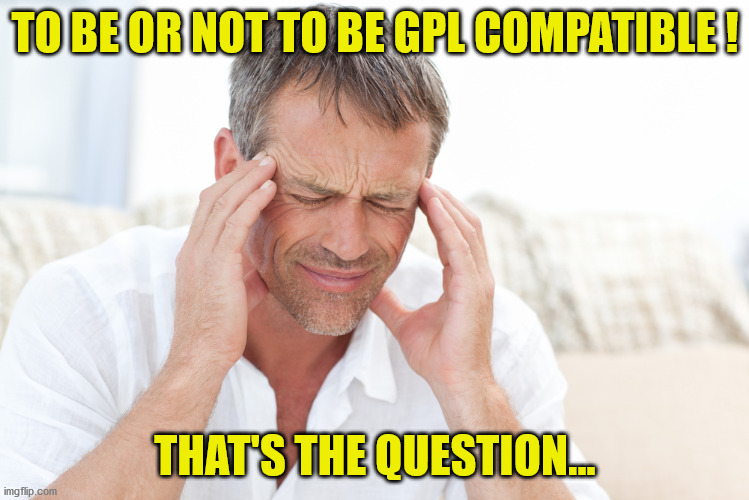 gpl license compatibility |  TO BE OR NOT TO BE GPL COMPATIBLE ! THAT'S THE QUESTION... | image tagged in headache,license | made w/ Imgflip meme maker