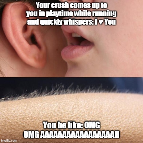 Whisper and Goosebumps | Your crush comes up to you in playtime while running and quickly whispers: I ♥ You; You be like: OMG OMG AAAAAAAAAAAAAAAAAH | image tagged in whisper and goosebumps | made w/ Imgflip meme maker