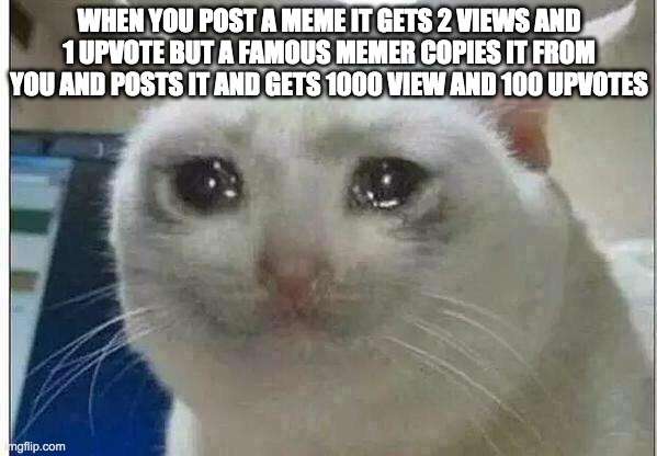 crying cat | WHEN YOU POST A MEME IT GETS 2 VIEWS AND 1 UPVOTE BUT A FAMOUS MEMER COPIES IT FROM YOU AND POSTS IT AND GETS 1000 VIEW AND 100 UPVOTES | image tagged in crying cat | made w/ Imgflip meme maker