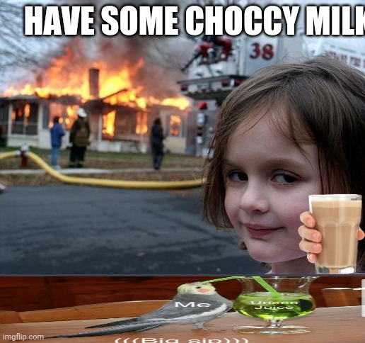 Wow! | HAVE SOME CHOCCY MILK! | image tagged in memes,disaster girl,choccy milk,unsee juice | made w/ Imgflip meme maker