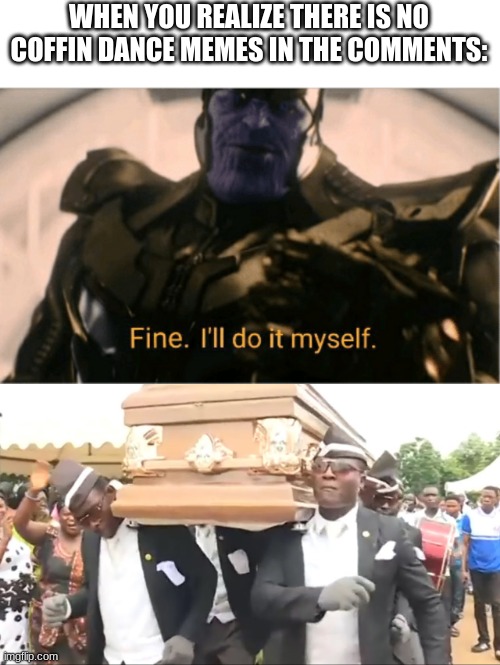 WHEN YOU REALIZE THERE IS NO COFFIN DANCE MEMES IN THE COMMENTS: | image tagged in fine ill do it myself thanos,coffin dance | made w/ Imgflip meme maker