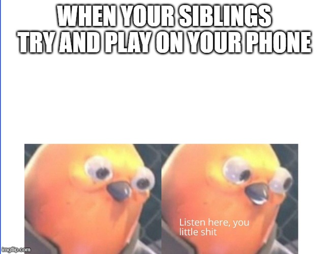 Listen here you little shit | WHEN YOUR SIBLINGS TRY AND PLAY ON YOUR PHONE | image tagged in listen here you little shit | made w/ Imgflip meme maker