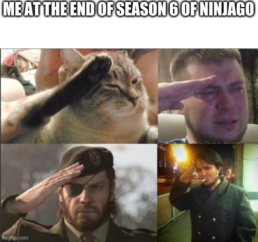 Ninjago season 6 | ME AT THE END OF SEASON 6 OF NINJAGO | image tagged in soldier salute,ninjago,smirk,byakugan,orochimaru | made w/ Imgflip meme maker