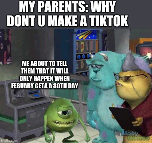 Mike wazowski trying to explain | MY PARENTS: WHY DONT U MAKE A TIKTOK; ME ABOUT TO TELL THEM THAT IT WILL ONLY HAPPEN WHEN FEBUARY GETA A 30TH DAY | image tagged in mike wazowski trying to explain,no,tiktok sucks | made w/ Imgflip meme maker