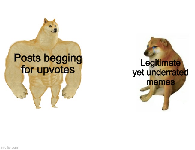 Imgflip in a nutshell | Posts begging for upvotes; Legitimate yet underrated memes | image tagged in memes,buff doge vs cheems | made w/ Imgflip meme maker