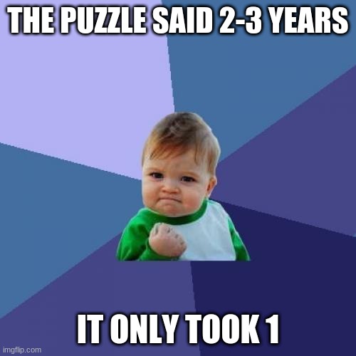 Success Kid | THE PUZZLE SAID 2-3 YEARS; IT ONLY TOOK 1 | image tagged in memes,success kid | made w/ Imgflip meme maker