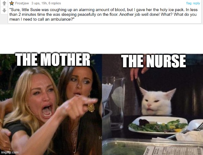 True | THE MOTHER; THE NURSE | image tagged in memes,woman yelling at cat | made w/ Imgflip meme maker