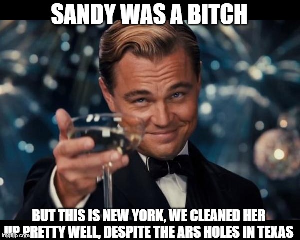Leonardo Dicaprio Cheers Meme | SANDY WAS A BITCH BUT THIS IS NEW YORK, WE CLEANED HER UP PRETTY WELL, DESPITE THE ARS HOLES IN TEXAS | image tagged in memes,leonardo dicaprio cheers | made w/ Imgflip meme maker