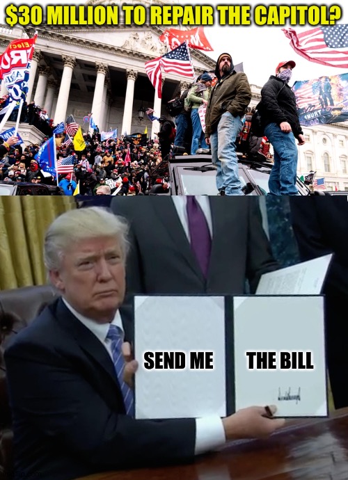 Make him pay! | $30 MILLION TO REPAIR THE CAPITOL? SEND ME         THE BILL | image tagged in capitol riot,memes,trump bill signing | made w/ Imgflip meme maker