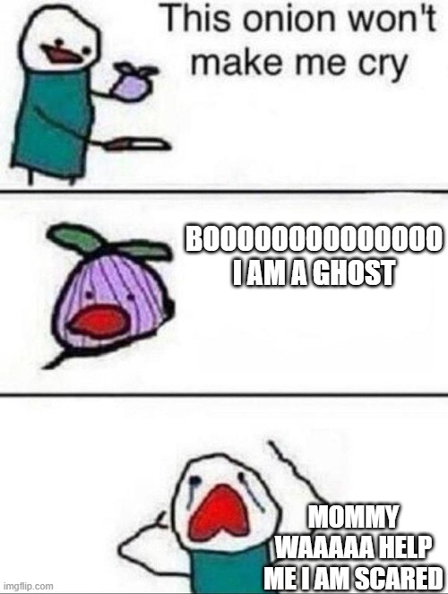 This onion wont make me cry | BOOOOOOOOOOOOOO I AM A GHOST; MOMMY WAAAAA HELP ME I AM SCARED | image tagged in this onion wont make me cry | made w/ Imgflip meme maker